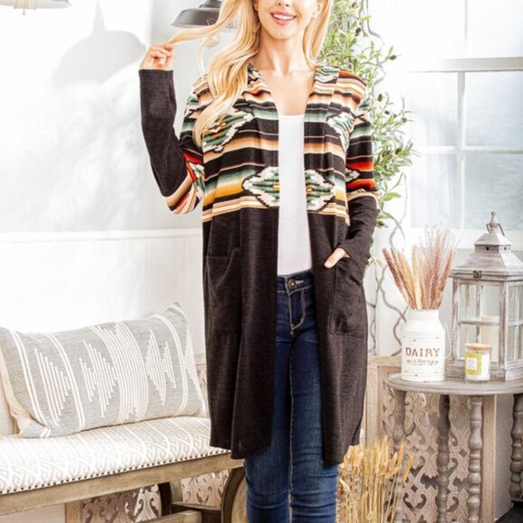 NWT Long Aztec Print Cardigan with Hood - Picture 2 of 8